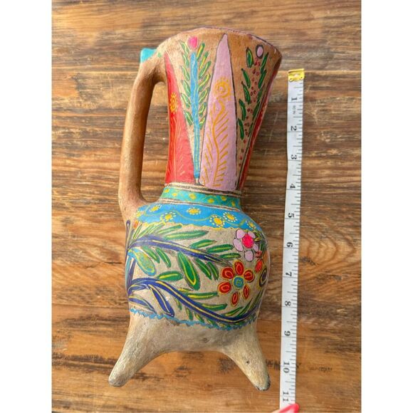 VTG Mexican Clay Hand Painted Pottery Folkart Tripod Ewer Vase Multicolor Medium - Picture 6 of 6